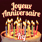 A Happy Birthday GIF in French featuring a festive birthday cake adorned with bright candles and the glowing text 'Joyeux Anniversaire Ky' in a cheerful style.