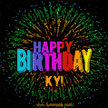 A colorful animated GIF featuring the text 'Happy Birthday Ky!' in rainbow colors with a dynamic iridescent firework display in the background.