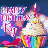 A festive animated GIF featuring a colorful cupcake with a single lit candle, sprinkles, and 'Happy Birthday Ky' text against a sparkling, celebratory background.