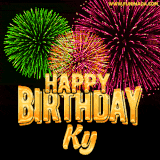 A captivating GIF with bursts of green, pink, and orange fireworks lighting up the night sky, accompanied by 'Happy Birthday Ky' in glowing golden text.