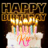 A vibrant animated GIF featuring a delicious birthday cake topped with glowing candles and the name 'Ky' in elegant script, and the words 'Happy Birthday' on the black background.