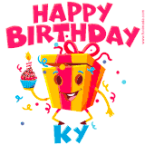 A funny animated birthday GIF with the words 'Happy Birthday Kya', colorful gift box with arms and legs, holding a cupcake with a lit candle  with confetti everywhere.