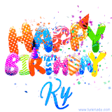 Animated GIF with colorful, festive 'Happy Birthday Ky' text decorated with patterns, a party hat, and falling confetti. A vibrant and cheerful design for birthday celebrations.