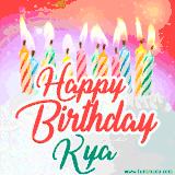 Bright birthday candles with rainbow flames on a cake, alongside the text 'Happy Birthday Kya' in vibrant script in this celebratory animated GIF.