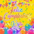 A bright and festive GIF with the text 'Feliz Cumpleaños Kya' in Spanish in colorful fonts, surrounded by confetti, balloons, and festive banners on a vibrant yellow background.