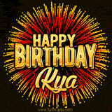 Golden 'Happy Birthday Kya' text accompanied by animated rainbow fireworks for a festive animated greeting.