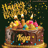 A delightful chocolate birthday cake with bright candles and 'Happy Birthday Kya' written in gold amidst a shower of animated stars.