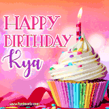 A vibrant birthday GIF featuring a rainbow-colored cupcake topped with white frosting, sprinkles, and a lit candle. The text reads 'Happy Birthday Kya' in bold pink and violet letters with white outline.