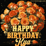 Animated bouquet of orange roses with moving butterfles and golden 'Happy Birthday Kya' text, surrounded by sparkling accents and a dark backdrop for a luxurious feel.