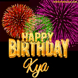 A golden 'Happy Birthday Kya' message with vibrant fireworks in the background, creating a festive and celebratory vibe in this animated name GIF.