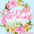 A charming animated GIF featuring 'Happy Birthday Kya' in pink and green text, surrounded by delicate roses, leaves, and fluttering butterflies on a soft light blue pastel background.