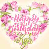 A stunning heart made of pink roses surrounds the elegant script text 'Happy Birthday Kya' on a soft beige background. Animated sparkles add a magical and festive feel.