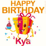 A vibrant and funny gift box character with a happy face dancing with a cupcake and the text 'Happy Birthday Kya,' surrounded by animated confetti and party vibes.