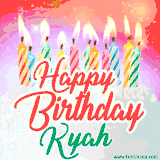 Bright birthday candles with rainbow flames on a cake, alongside the text 'Happy Birthday Kyah' in vibrant script in this celebratory animated GIF.