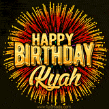 Golden 'Happy Birthday Kyah' text accompanied by animated rainbow fireworks for a festive animated greeting.