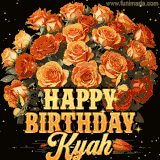 Animated bouquet of orange roses with moving butterfles and golden 'Happy Birthday Kyah' text, surrounded by sparkling accents and a dark backdrop for a luxurious feel.