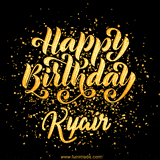 Animated GIF with colorful, festive 'Happy Birthday Kyair' text decorated with patterns, a party hat, and falling confetti. A vibrant and cheerful design for birthday celebrations.