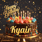 Shimmering animated card featuring a detailed chocolate cake and the name Kyair for his birthday celebration.