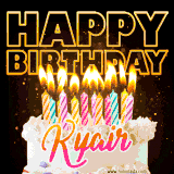A vibrant animated GIF featuring a delicious birthday cake topped with glowing candles and the name 'Kyair' in elegant script, and the words 'Happy Birthday' on the black background.