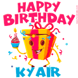 A funny animated birthday GIF with the words 'Happy Birthday Kyaira', colorful gift box with arms and legs, holding a cupcake with a lit candle  with confetti everywhere.
