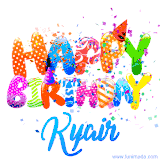 Animated GIF with colorful, festive 'Happy Birthday Kyair' text decorated with patterns, a party hat, and falling confetti. A vibrant and cheerful design for birthday celebrations.
