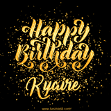 Animated GIF with colorful, festive 'Happy Birthday Kyaire' text decorated with patterns, a party hat, and falling confetti. A vibrant and cheerful design for birthday celebrations.