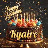 Multi-colored dollops of frosting and burning birthday candles on a chocolate glaze cake, custom-designed for Kyaire.