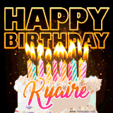 A vibrant animated GIF featuring a delicious birthday cake topped with glowing candles and the name 'Kyaire' in elegant script, and the words 'Happy Birthday' on the black background.