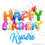 Animated GIF with colorful, festive 'Happy Birthday Kyaire' text decorated with patterns, a party hat, and falling confetti. A vibrant and cheerful design for birthday celebrations.
