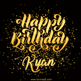 Animated GIF with colorful, festive 'Happy Birthday Kyan' text decorated with patterns, a party hat, and falling confetti. A vibrant and cheerful design for birthday celebrations.