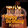 A rich chocolate cake topped with glowing birthday candles and surrounded by bright fireworks. The animated GIF displays the message 'Happy Birthday Kyan' in golden text.