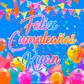 A vibrant animated GIF with 'Feliz Cumpleaños Kyan' written in colorful script, surrounded by balloons, confetti, and bunting on a bright blue background.
