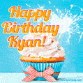 A cheerful animated GIF of a cupcake with creamy frosting, a red checkered ribbon, and a bright sparkler on top. The text 'Happy Birthday Kyan!' is displayed in vibrant orange and red.