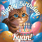 A playful tabby cat sits behind a colorful birthday cake surrounded by balloons and confetti, with 'Happy Birthday Kyan!' written above in festive letters.