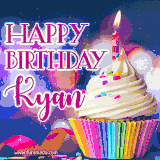A festive animated GIF featuring a colorful cupcake with a single lit candle, sprinkles, and 'Happy Birthday Kyan' text against a sparkling, celebratory background.