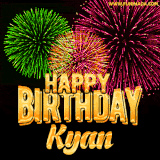 A captivating GIF with bursts of green, pink, and orange fireworks lighting up the night sky, accompanied by 'Happy Birthday Kyan' in glowing golden text.