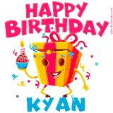 A funny animated birthday GIF with the words 'Happy Birthday Kyana', colorful gift box with arms and legs, holding a cupcake with a lit candle  with confetti everywhere.