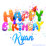 Animated GIF with colorful, festive 'Happy Birthday Kyan' text decorated with patterns, a party hat, and falling confetti. A vibrant and cheerful design for birthday celebrations.