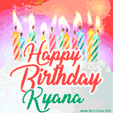 Bright birthday candles with rainbow flames on a cake, alongside the text 'Happy Birthday Kyana' in vibrant script in this celebratory animated GIF.