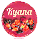 Beautifully decorated red velvet berry birthday cake with vibrant fruits and a glowing 'Kyana' name, adding a touch of sweetness and sparkle.