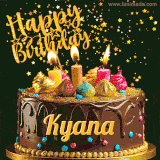 A delightful chocolate birthday cake with bright candles and 'Happy Birthday Kyana' written in gold amidst a shower of animated stars.