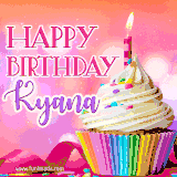 A vibrant birthday GIF featuring a rainbow-colored cupcake topped with white frosting, sprinkles, and a lit candle. The text reads 'Happy Birthday Kyana' in bold pink and violet letters with white outline.