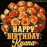 Animated bouquet of orange roses with moving butterfles and golden 'Happy Birthday Kyana' text, surrounded by sparkling accents and a dark backdrop for a luxurious feel.