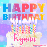 A vibrant animated name GIF with the words 'Happy Birthday Kyana' with colorful candles on a creamy cake. The background sparkles with pastel shades, adding a festive touch.