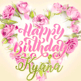 A stunning heart made of pink roses surrounds the elegant script text 'Happy Birthday Kyana' on a soft beige background. Animated sparkles add a magical and festive feel.