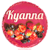 Beautifully decorated red velvet berry birthday cake with vibrant fruits and a glowing 'Kyanna' name, adding a touch of sweetness and sparkle.