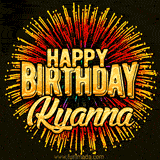 Golden 'Happy Birthday Kyanna' text accompanied by animated rainbow fireworks for a festive animated greeting.