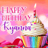 A vibrant birthday GIF featuring a rainbow-colored cupcake topped with white frosting, sprinkles, and a lit candle. The text reads 'Happy Birthday Kyanna' in bold pink and violet letters with white outline.