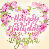 A stunning heart made of pink roses surrounds the elegant script text 'Happy Birthday Kyanna' on a soft beige background. Animated sparkles add a magical and festive feel.