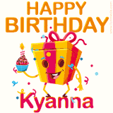 A vibrant and funny gift box character with a happy face dancing with a cupcake and the text 'Happy Birthday Kyanna,' surrounded by animated confetti and party vibes.